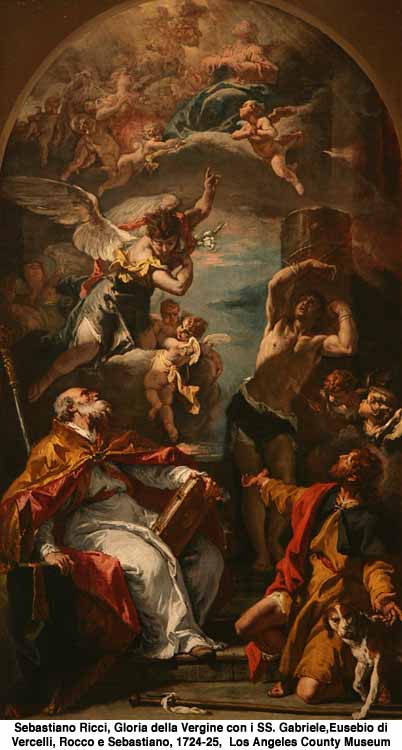 Sebastiano Ricci (1659-1734): Jomfruen i herlighet med de hellige Gabriel, Eusebius av Vercelli, Rocco og Sebastian (1724-25), Los Angeles County Museum